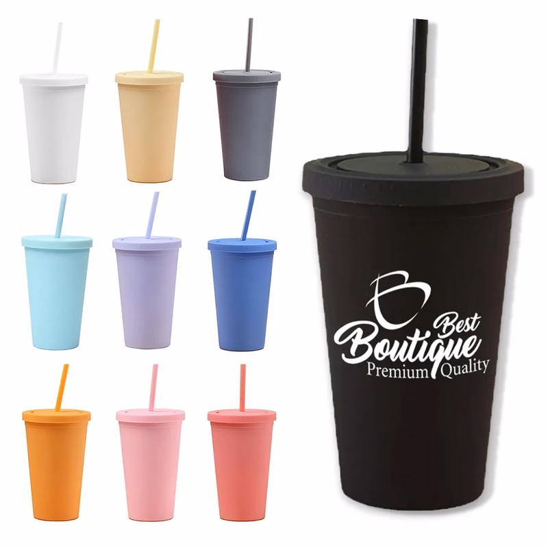 16OZ Reusable Matte Double Wall Plastic Straw Cup With Lid