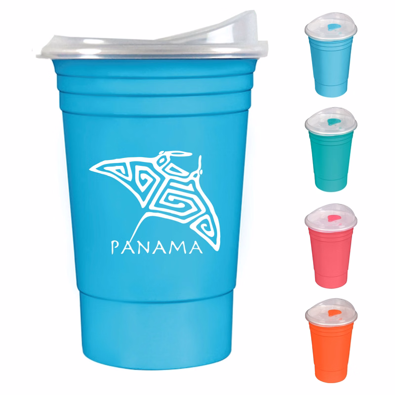 16 oz. Double Wall Insulated Coffee Tumbler with Snap-On Thumb Slide Lid - Bright Line Neon Colors