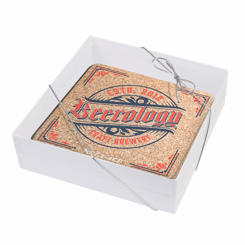 Set of 4 Natural Cork Coasters 3/16" thick, Square (3.5" x 3.5"), Full Colour Imprint Gift Boxed