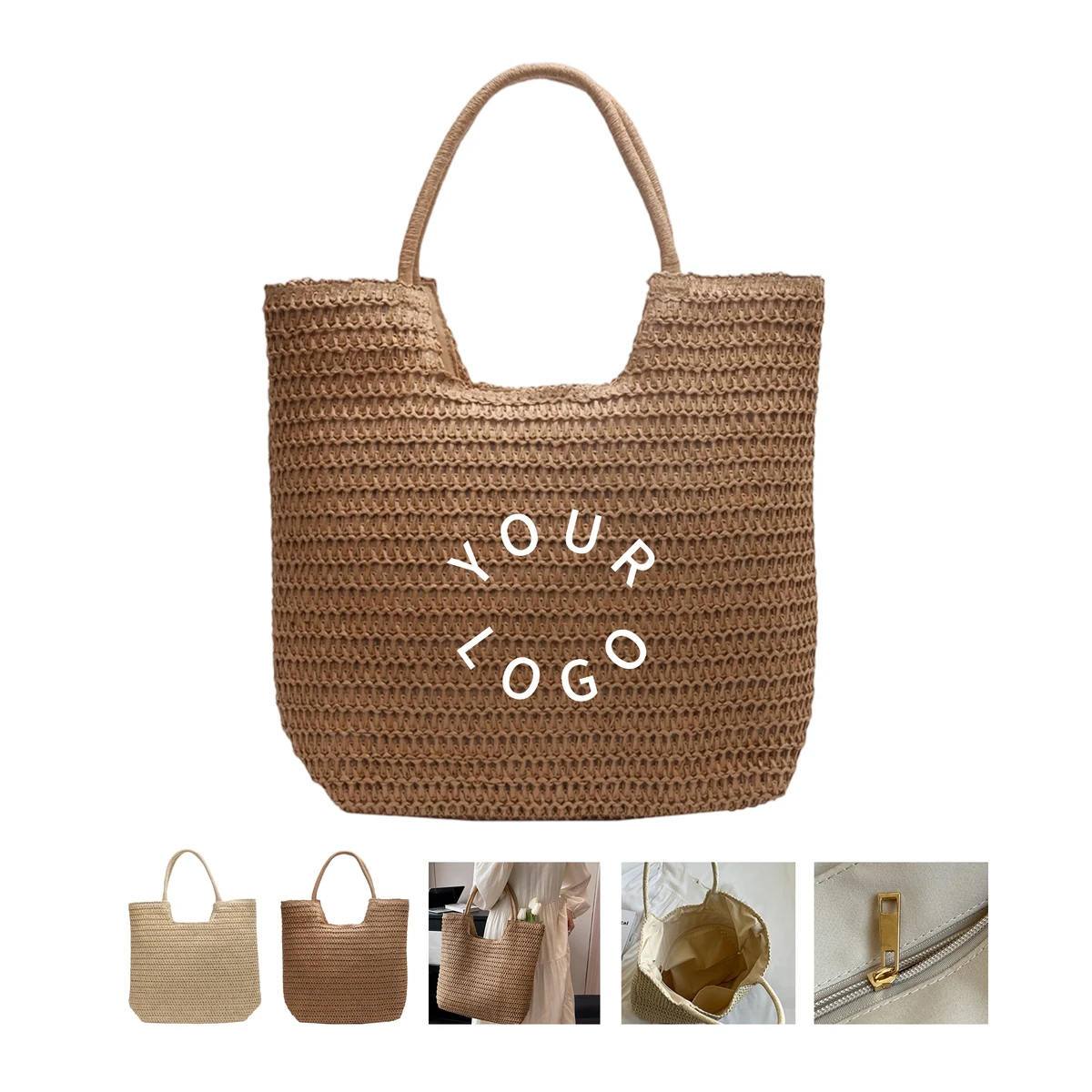 Straw Polyester Beach Tote Bag With Zippered Lining, custom tote bag with logo imprint 1