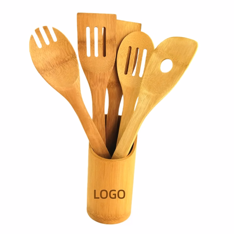 5 Piece Bamboo Cooking Utensil Set Kitchenware With Holder