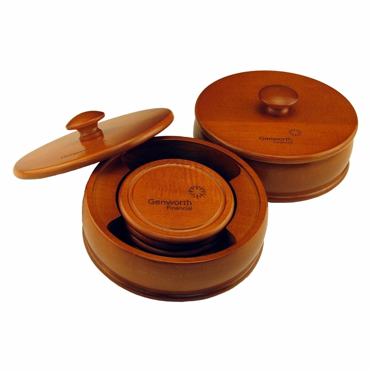 Round Wood Boxed 4 Coaster Set