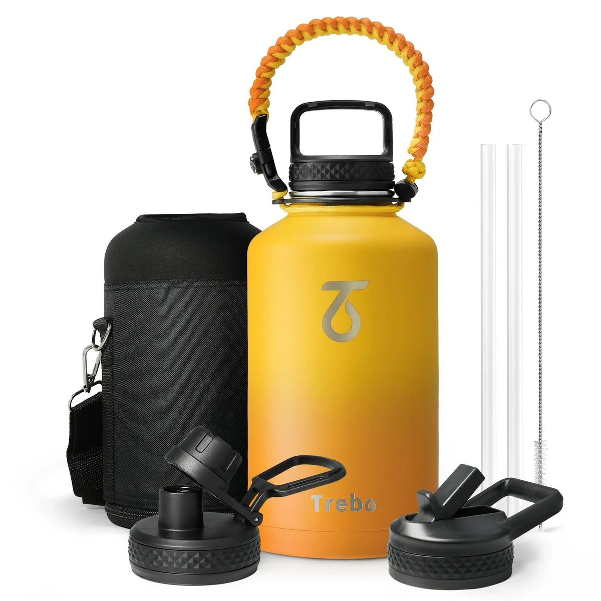 Insulated Water Bottle 64 oz, Half Gallon Metal Vacuum Water Jug with Paracord Handle and 3 Lids 1