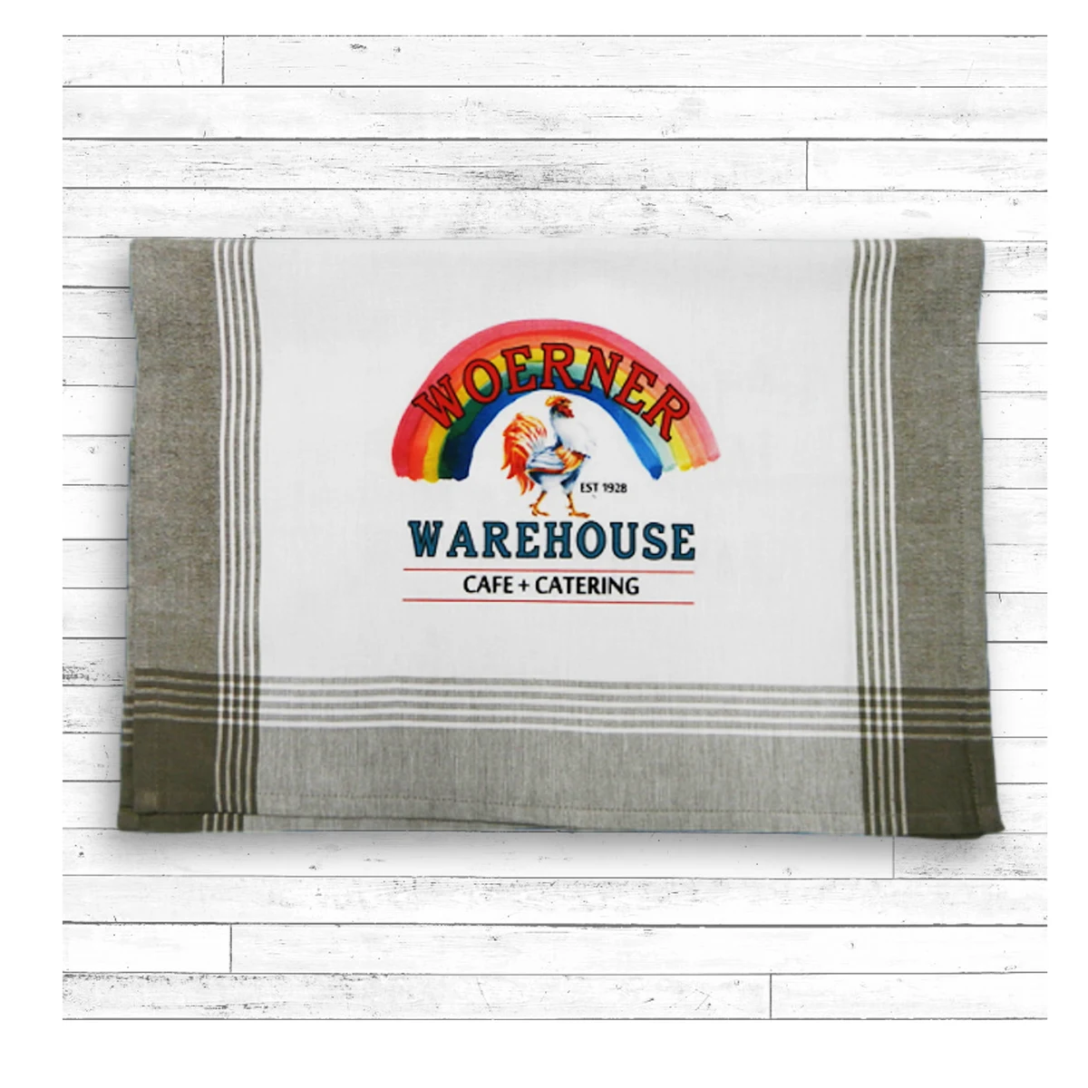 Taupe/White Plaid Kitchen Towel with Custom Print 1