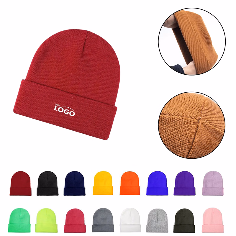 MOQ50 Embroidered Rolled Brim Knitted Beanie Ski Hat