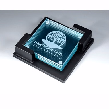 JADE GLASS COASTER IN BLACK WOOD BASE