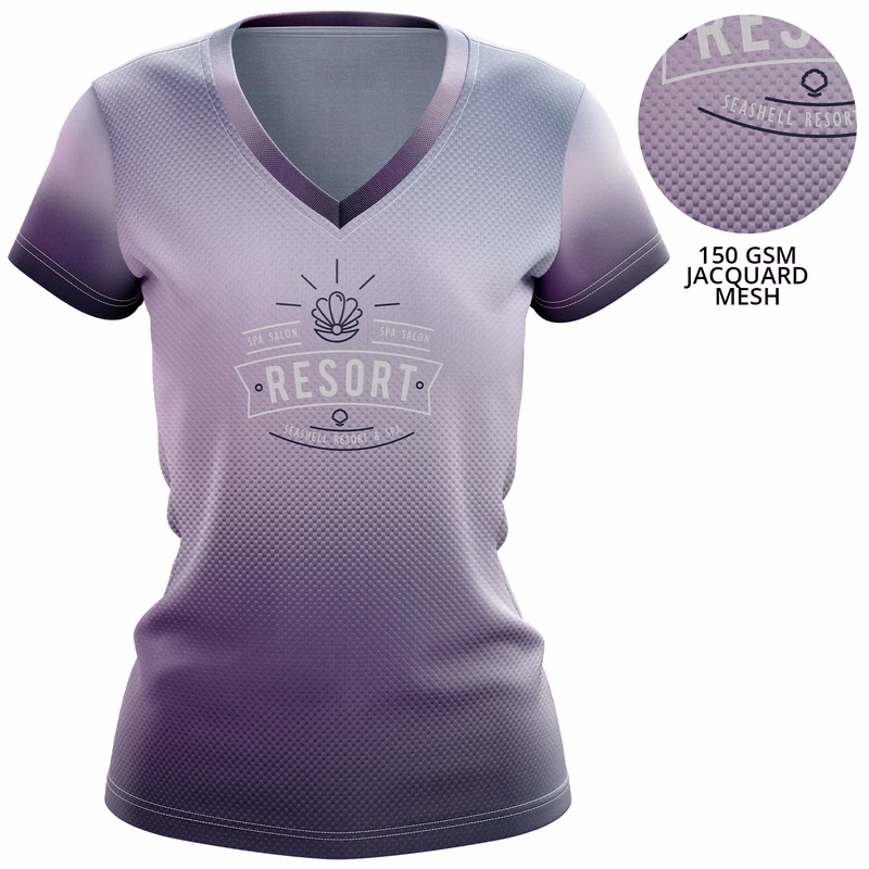 Women 150 GSM Jacquard Mesh Performance Short Sleeve Sublimation V-Neck T-shirt
