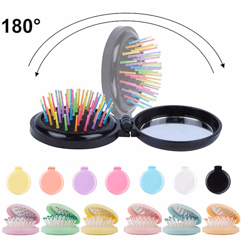 Folding Compact Travel Hair Brush with Mirror