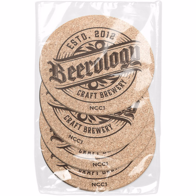 Set of 4 Natural Cork Coasters 3/16" (3.5" dia.) Laser engraved Polybagged