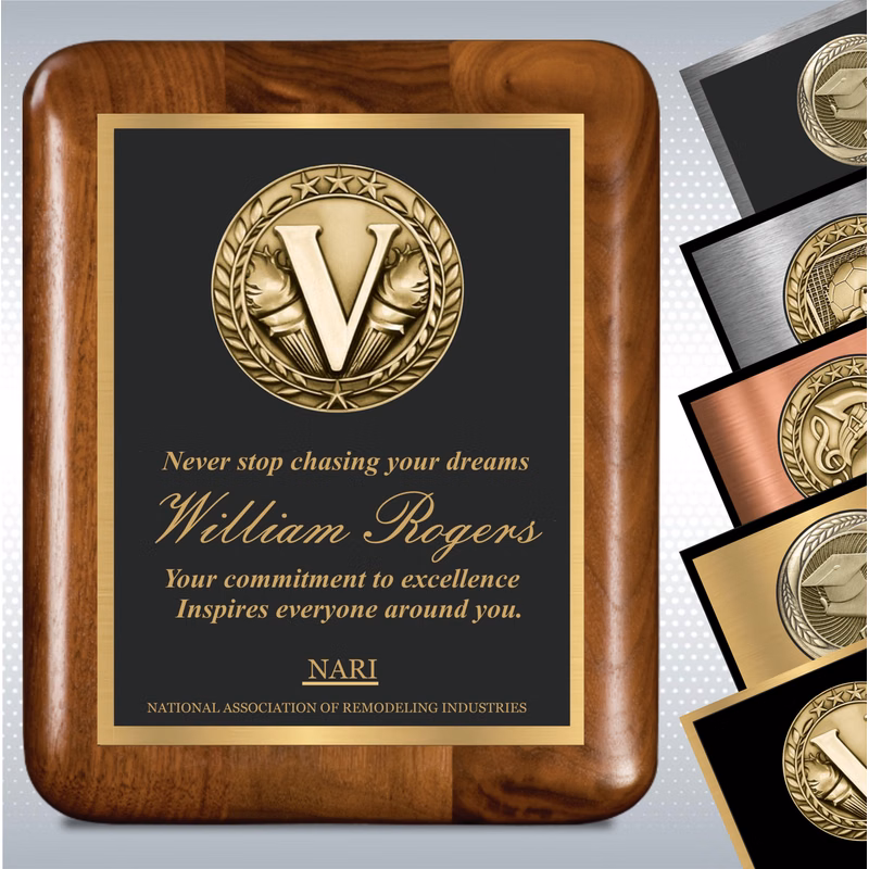 Walnut Round Edge Corner Plaque/w Medallion Double Plate