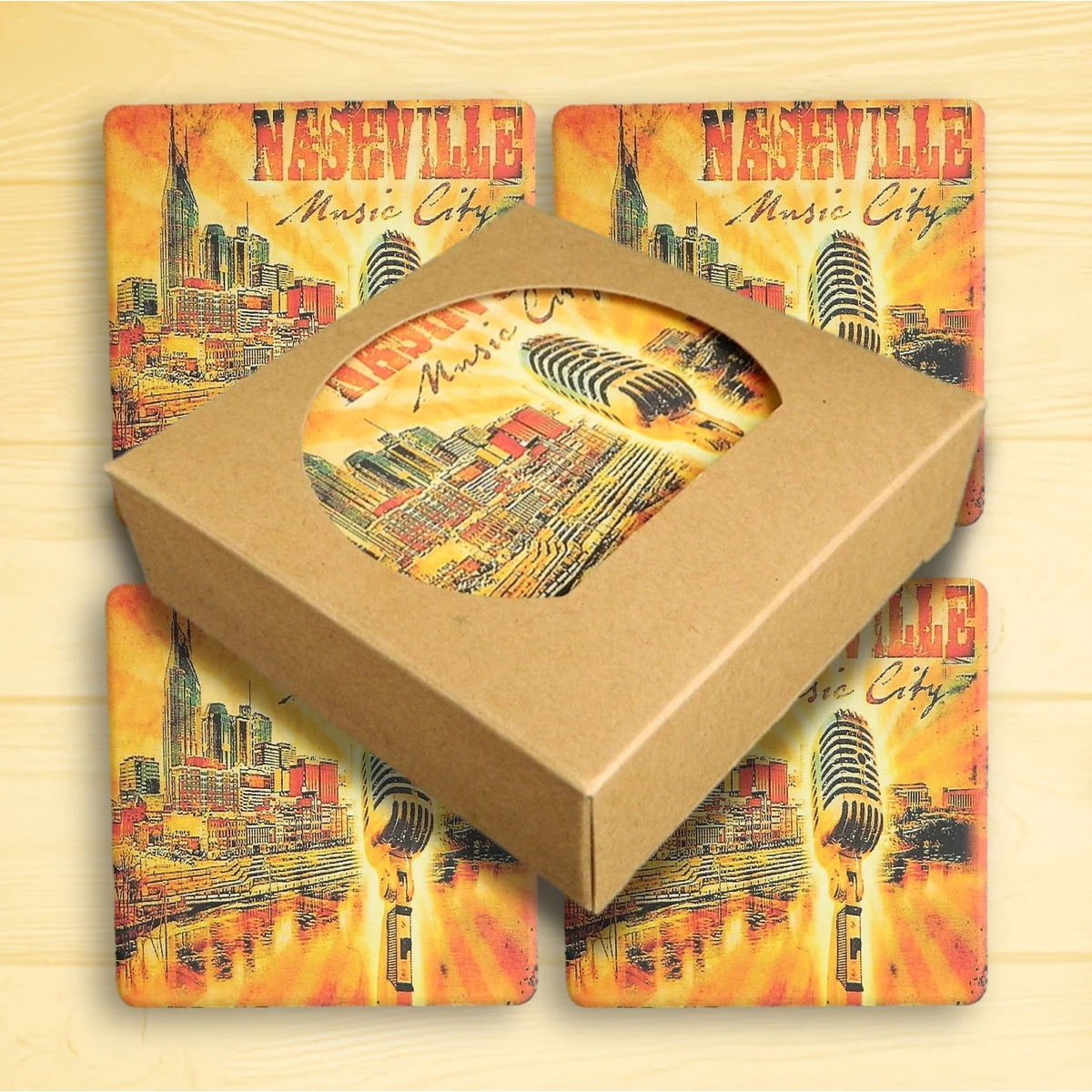 Set of 4 Square Absorbent Stone Coasters in Kraft Window Box - Basic Print 1