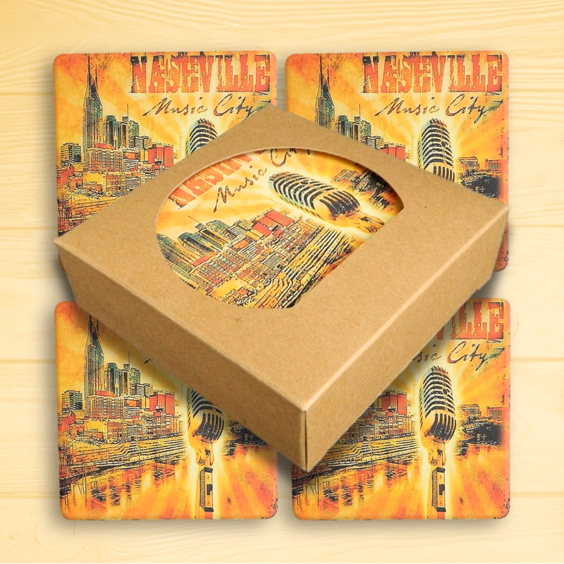 Set of 4 Square Absorbent Stone Coasters in Kraft Window Box - Basic Print