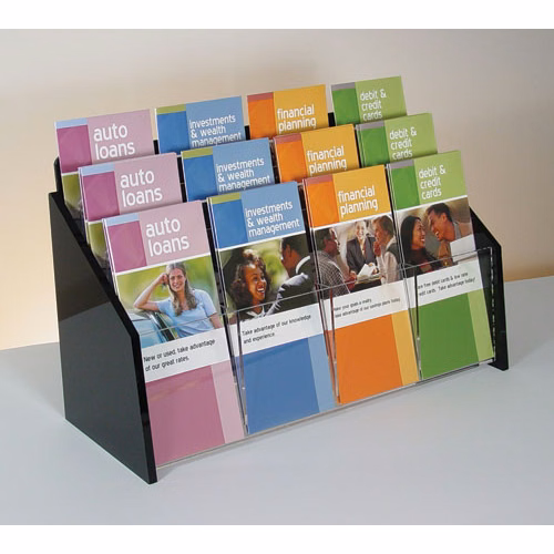 Countertop Brochure Holder, Clear w/Black Ends, 3-tier, 12 pockets