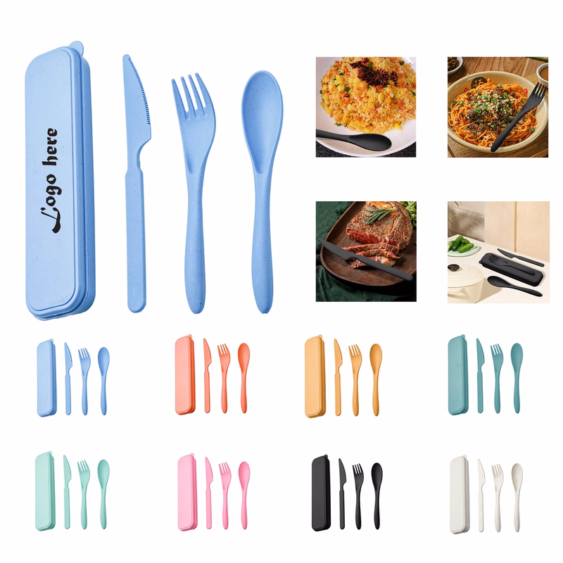 Custom Logo 3-in-1 Portable Wheat Straw Cutlery Set