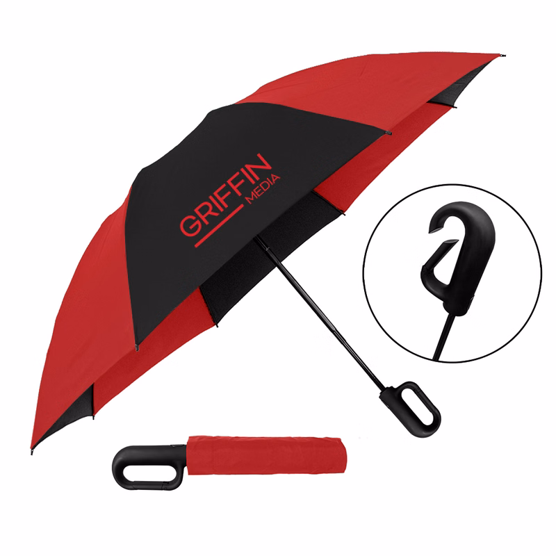 NEW - The Carabiner Inverted Folding Umbrella - Convenient Clip-Action Handle