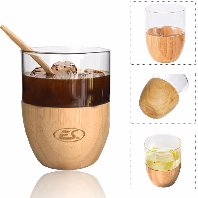 Double Walled Transparent Glass Mug with Bamboo Bottom
