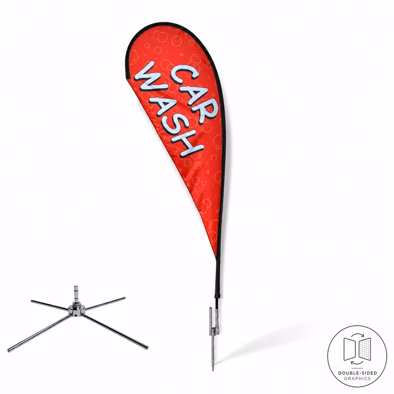 12' Medium Tear Drop Flag Kit, Full Color Graphics Double Sided, Outdoor Spike base, Indoor use