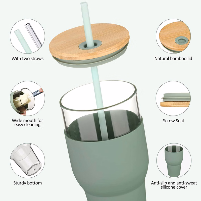 32Oz Glass Tumbler With Straw And Lid