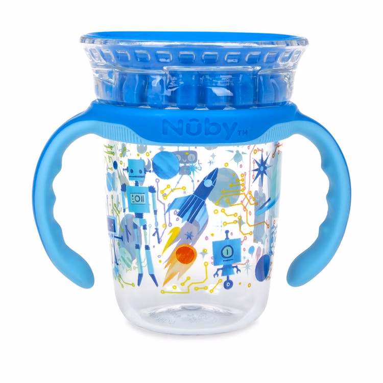 Nuby 2 Stage Drinking Cups - 360 Edge Rim Removable Handles Robot Blue
