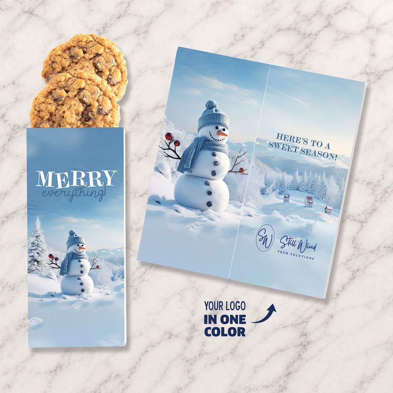One Color Foil-Stamped Stock Snowman Sweeter Cards with Oatmeal Raisin Cookies