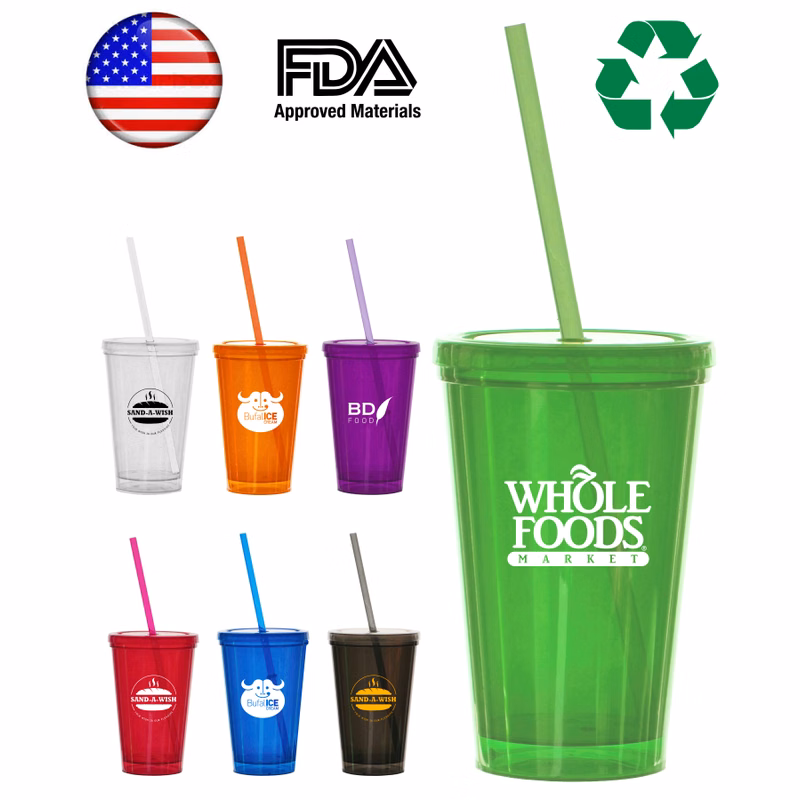 16 Oz. Double Wall Tumbler Travel Cup w/Straw - USA Made