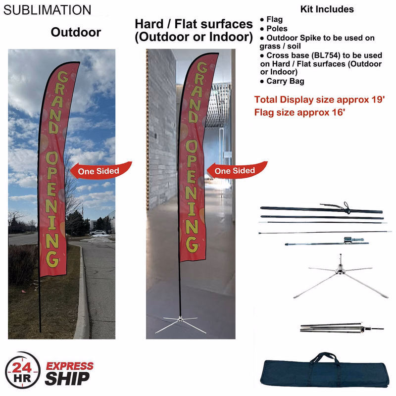 24Hr Express Ship - 19' XL Feather Flag Kit, Full Color Graphics One Side, Outdoor & Indoor Use