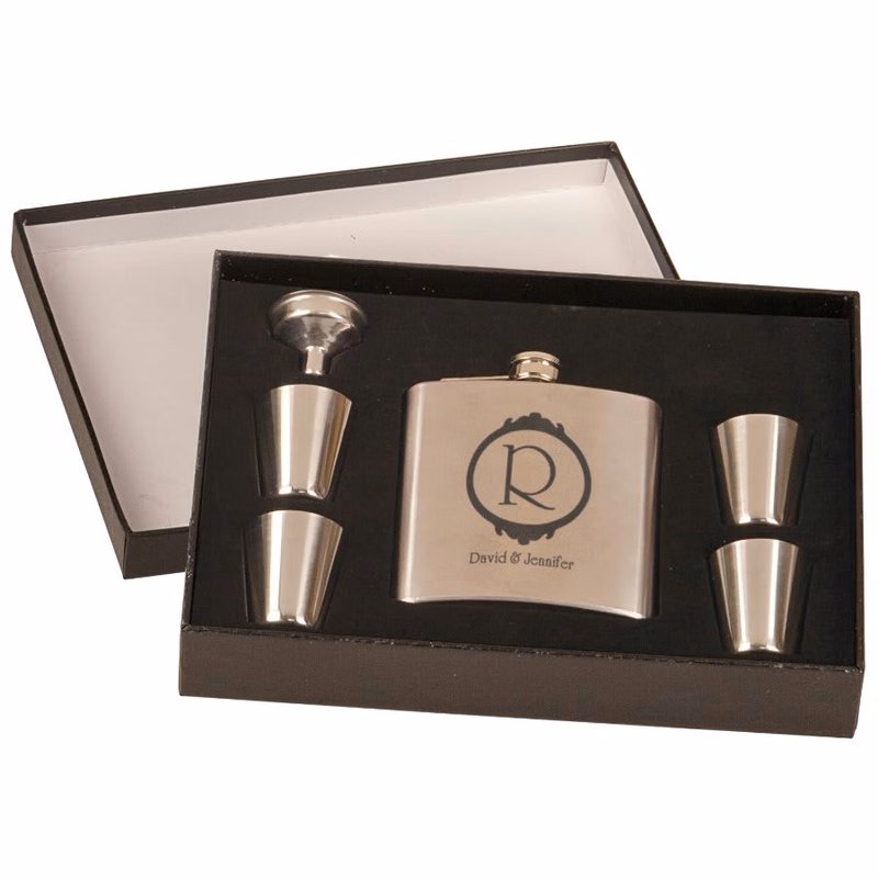 6 oz. Stainless Steel Flask Set in Black Presentation Box