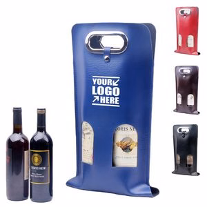 Buckled Dual Bottles PU Leather Wine Bag With Window And Metal Handles