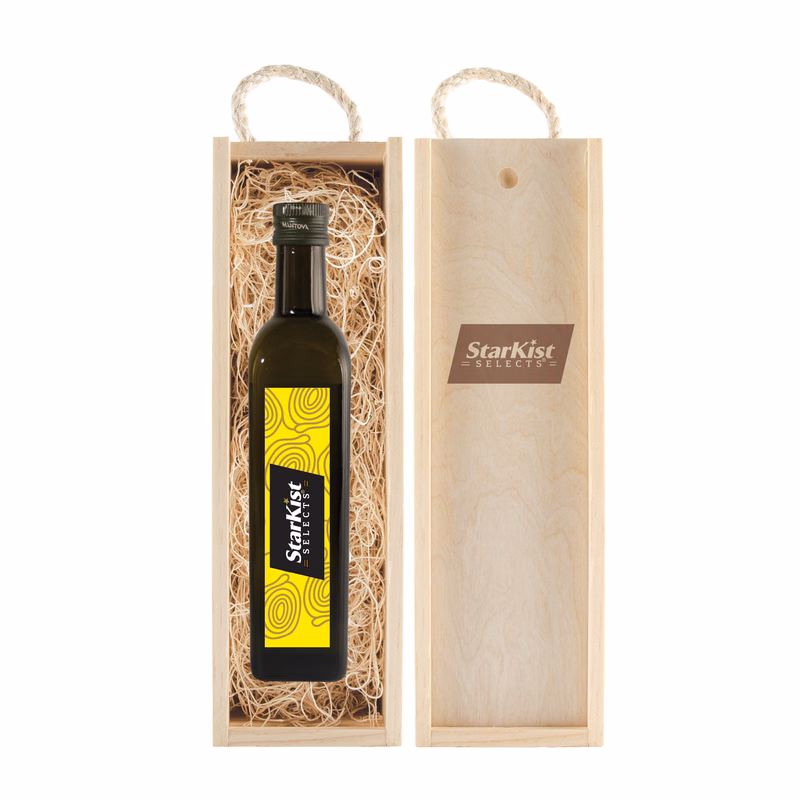 Rustic Laser Engraved Wood Box with Full Color Custom Labeled Olive Oil