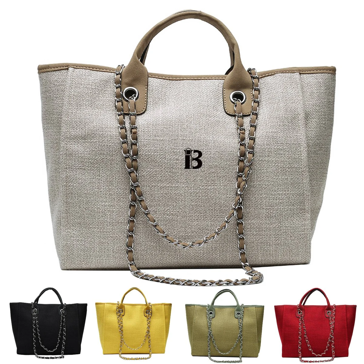 Canvas Tote Bag Large Capacity Solid Color Chain, custom tote bag with logo imprint 1