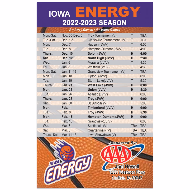 Laminated Schedule and Information Card