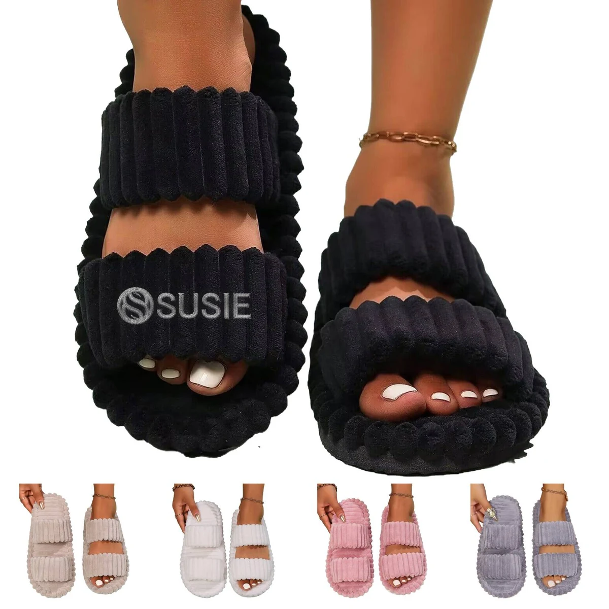 Women's Plush Open-Toe Anti-Skid Double Strap Cotton Slipper 1