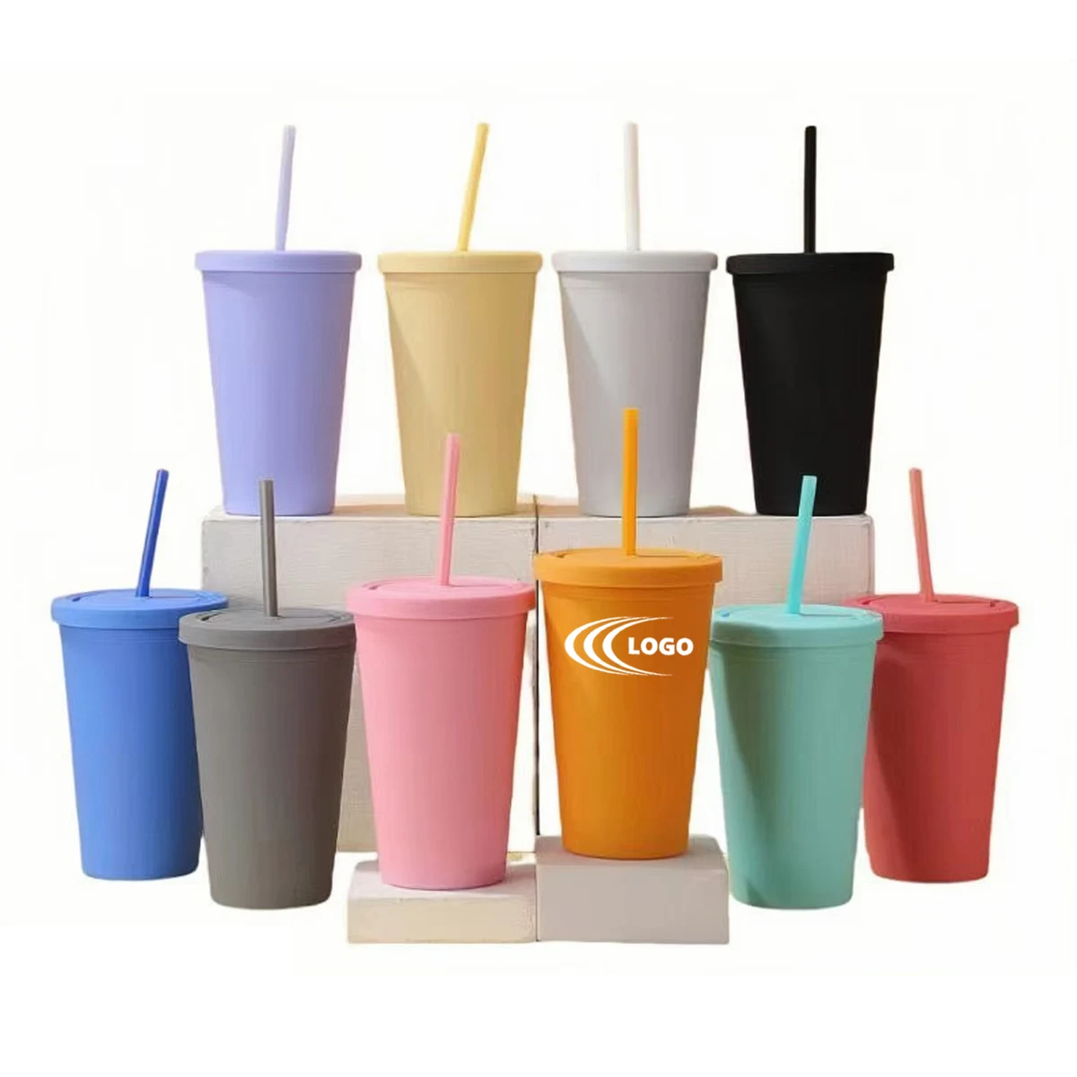 24oz Double-Wall Plastic Straw Cup - Insulated & Durable 1