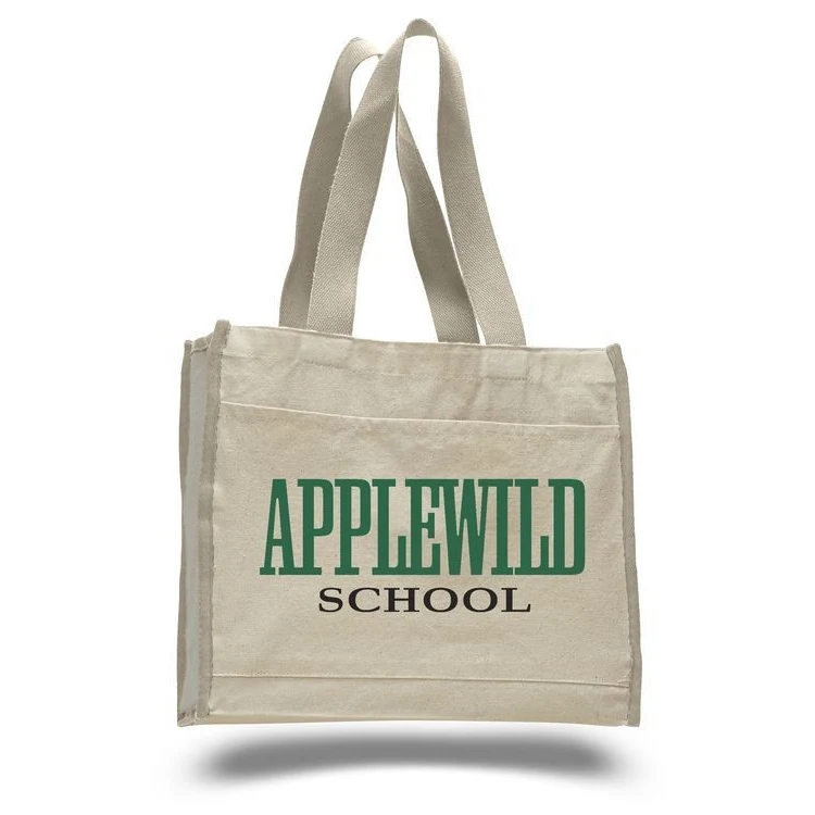 Natural Canvas Bag w/ Contrast Handles & Trim - 14"x12"x5 1/4", custom tote bag with logo imprint 1