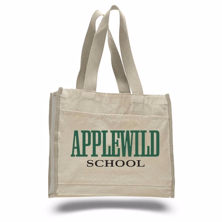 Natural Canvas Bag w/ Contrast Handles & Trim - 14"x12"x5 1/4"