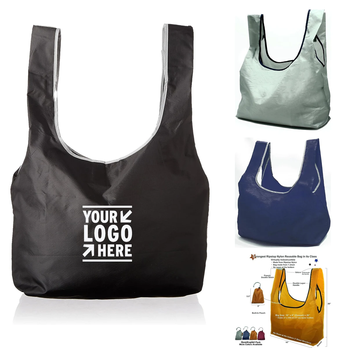 Super Strong Ripstop Nylon Foldable Reusable Grocery Shopping Tote Bag With Built-in Pouch 1