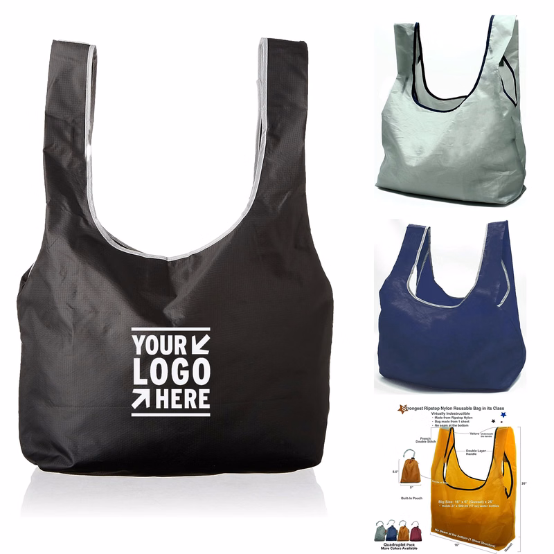 Super Strong Ripstop Nylon Foldable Reusable Grocery Shopping Tote Bag With Built-in Pouch