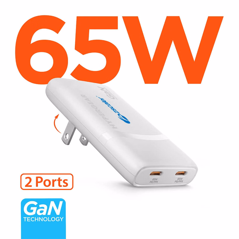 HyperGear SpeedBoost 65W Dual USB-C PD Ultra-Slim GaN Laptop Charger with PPS