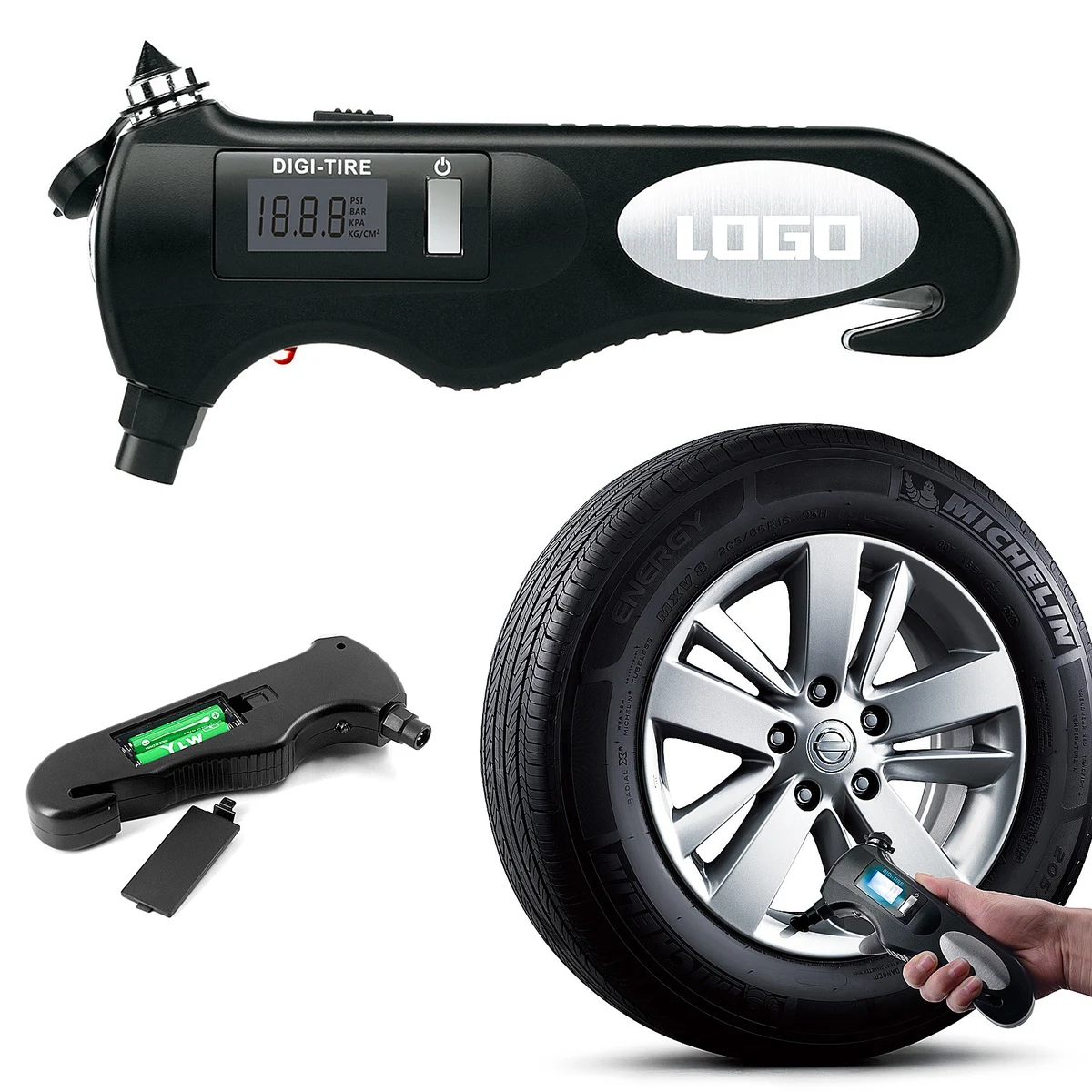 Multifunctional Flashlight Tire Pressure Gauge With Safety Hammer 1