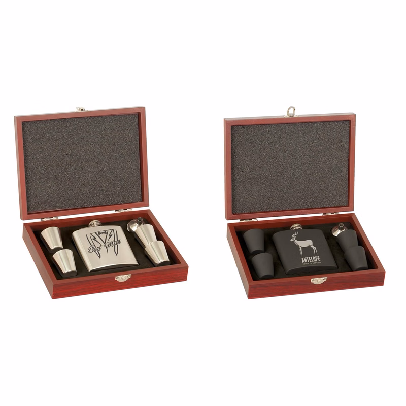 Rosewood Flask Gift Set with 6 oz. Stainless Steel Flask and 4 Shot Glasses