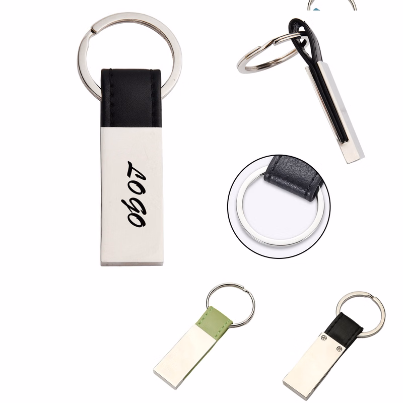 Metal Leather Strap Keychain with Key Ring