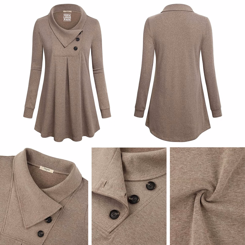 Women's Lapel Button Long Sleeve Pullover Tunic Sweatshirt
