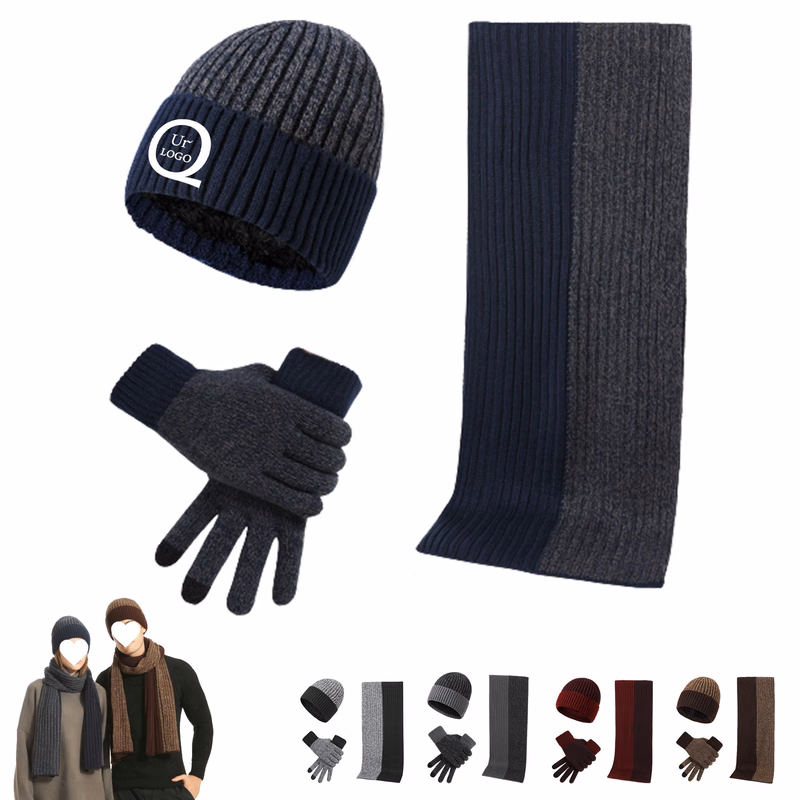 Contrast Knitted Scarf Gloves Beanie Hat Set