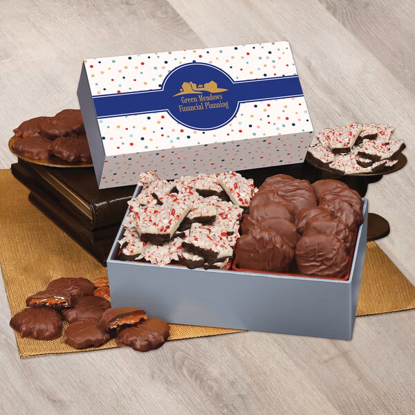 Peppermint Bark & Pecan Clusters in Gift Box with Bubbles Sleeve