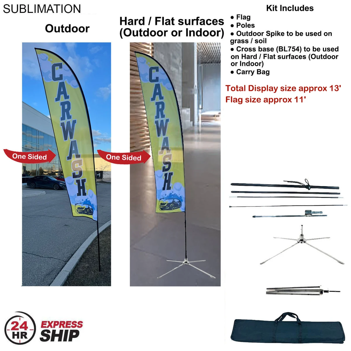 24Hr Express Ship - 13' Medium Feather Flag Kit, Full Color Graphics One Side, Outdoor & Indoor base 1