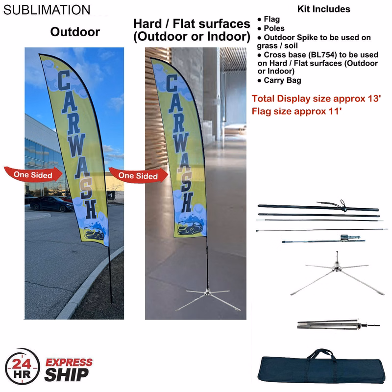 24Hr Express Ship - 13' Medium Feather Flag Kit, Full Color Graphics One Side, Outdoor & Indoor base