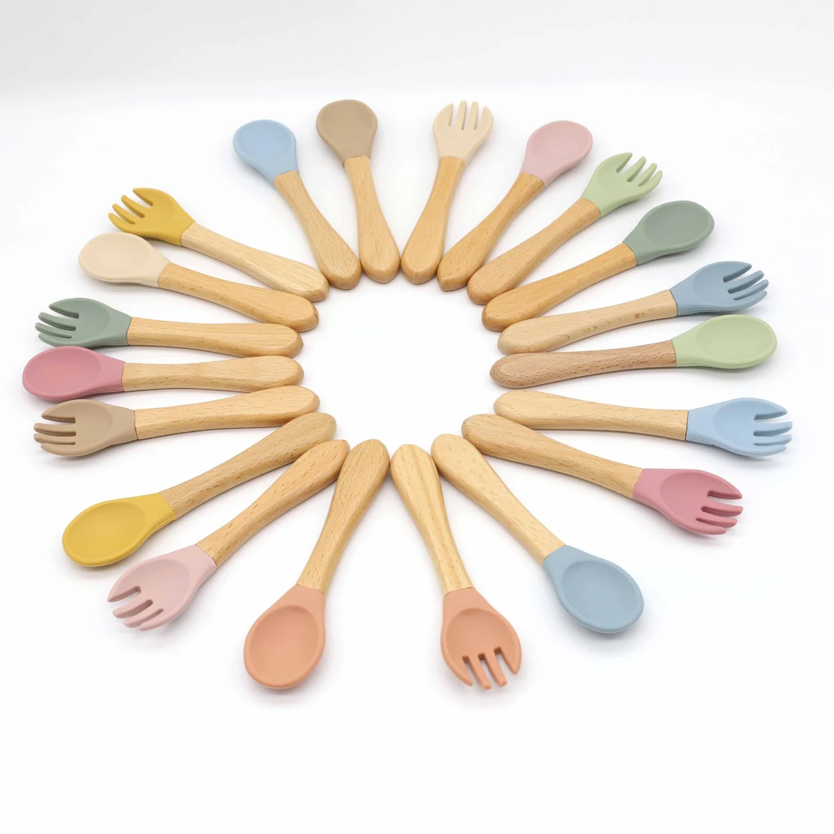 Baby Feeding Wooden Handle Silicone Fork & Spoon Set 1