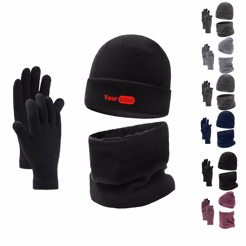 Plush Winter Knit Beanie, Neck Scarf, And Gloves Pack
