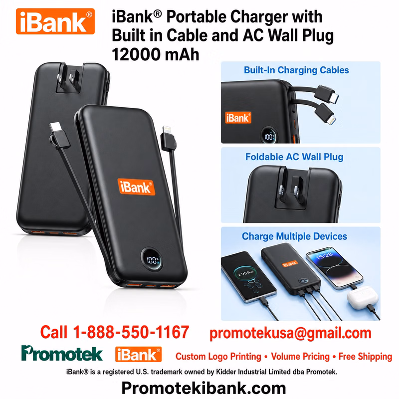 iBank ® Portable Charger with Built in Cable and AC Wall Plug, 12000 mAh