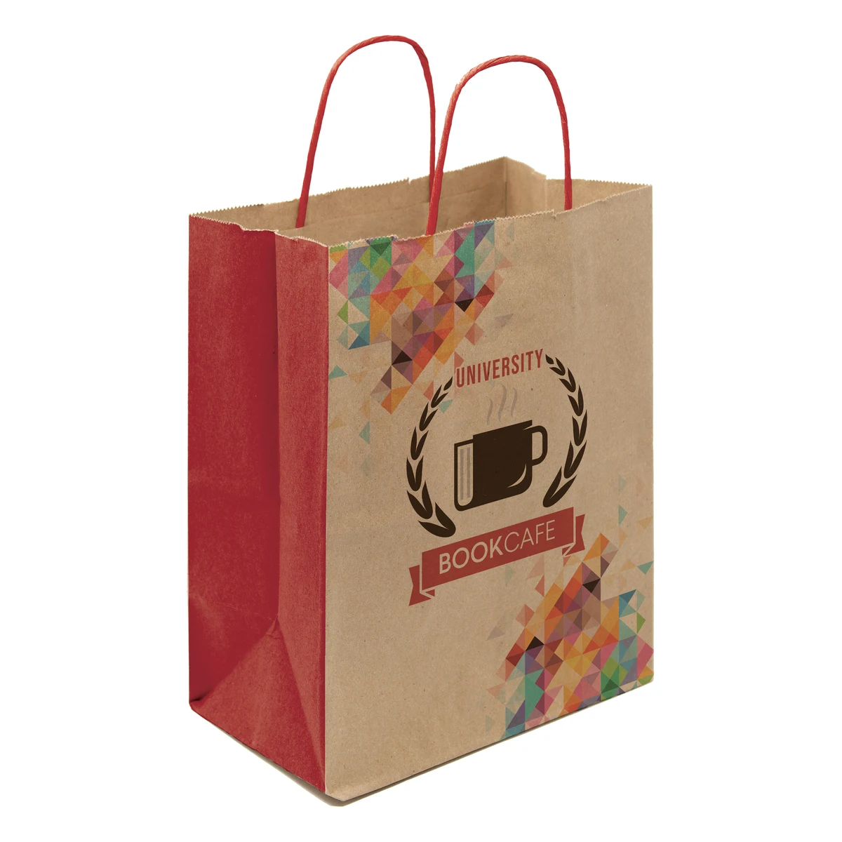 Multi-Sided Full Color Natural Shopper Paper Bag - Red Handle (8.25 x 10.25 x 5) 1